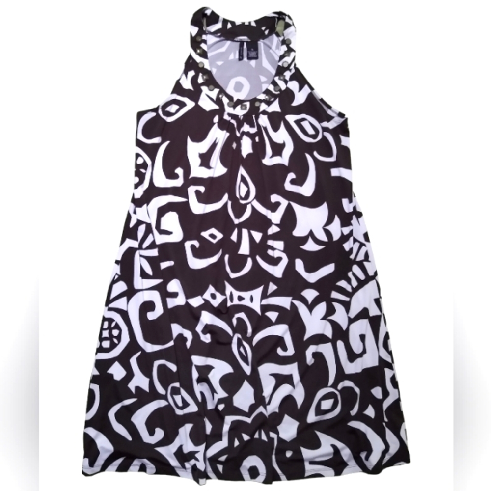 Sleeveless Dress Boho Women's Knee Length Retro Brown & White Sz XL